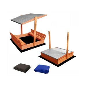 ELIS DESIGN Set - Pískoviště s krytem/lavičkami a šedou stříškou předvrtané impregnované premium 120x120 cm
