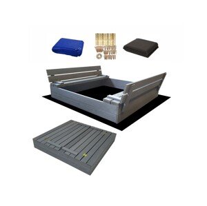 ELIS DESIGN Pískoviště dřevěné s krytem/lavičkami předvrtané impregnované premium 120x120 cm - šedé