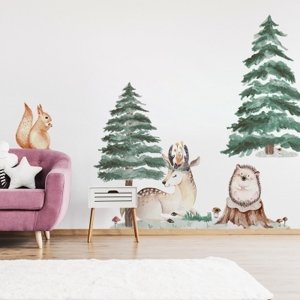 Yokodesign Nálepka na zeď - Lesní království - Jelen, ježek, veverka Velikost: velká - L